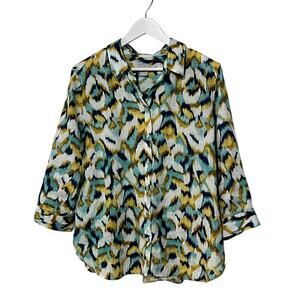 Chico's Top No Iron 100% Linen Ikat Shirt Blues Yellow White Womens Size 2/12